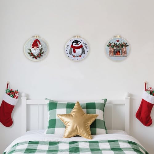 EOBTAIN 3 Pcs Funny Christmas Embroidery Kit for Beginners,Red Gnome and Penguin Embroidery Starter Kit Winter Xmas Fireplace Stamped Patterns with Hoop,Thread,Needles,Hand DIY Craft Kits for Adults - color: Red White