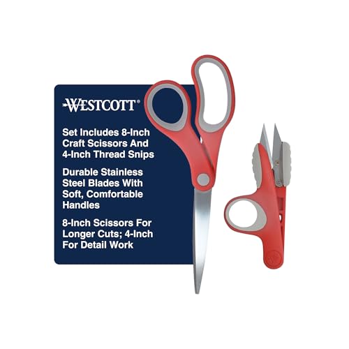 Westcott Scissors Set With 8-Inch Craft Scissors and 4-Inch Thread Snips, Red/Gray, Durable Fabric Scissors for Sewing, Quilting, and Other Craft Projects - size: 8-inch