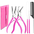 Beauty & Crafts Hair Extension Tools- Stainless Steel Pliers Set for Micro Beads- 1 Crochet Needle 1 Pulling Hook with Tail Comb- Micro Links Tool Kit with Leather Pouch- (Pink) - color: Pink