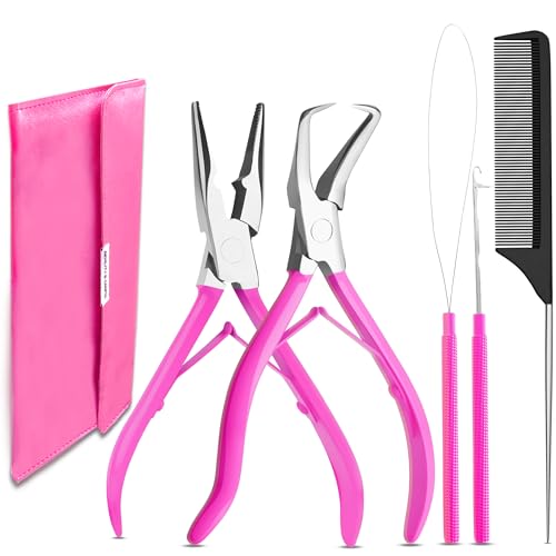 Beauty & Crafts Hair Extension Tools- Stainless Steel Pliers Set for Micro Beads- 1 Crochet Needle 1 Pulling Hook with Tail Comb- Micro Links Tool Kit with Leather Pouch- (Pink) - color: Pink