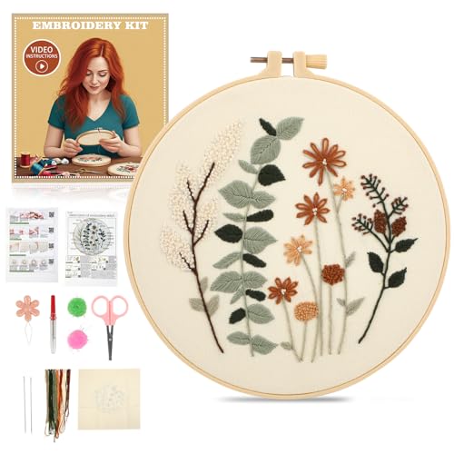 Beginner Flower Embroidery Kit for Adults, Pre-Printed with Video Tutorial - color: flower