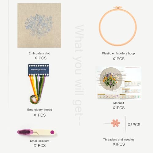 MAMUNU Embroidery Kit for Beginners Adults, Cross Stitch Kits, Stamped Cross Stitch Kits, Floral Flower Embroidery Kit with Printed Embroidery Cloth, Embroidery Hoop, Color Threads and Tools - color: Flower