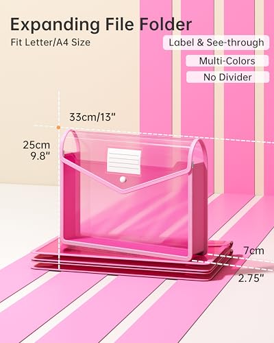 2 Pack Plastic Expanding File Folder, Fit Letter/A4 Size, Pink - color: Pink