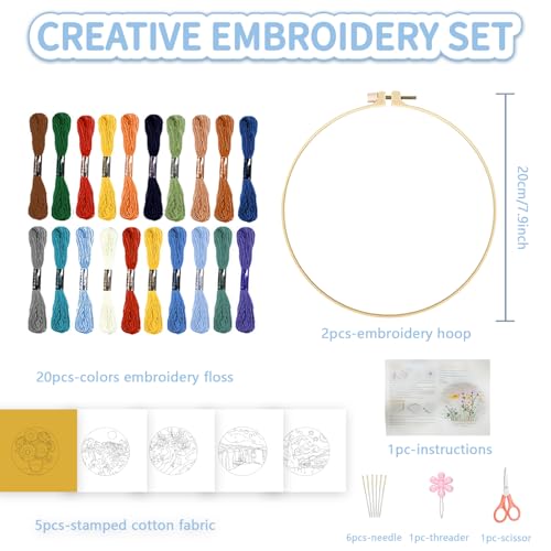 FREEBLOSS 5 Sets Embroidery Kit for Beginners Needlepoint Embroidery Starter Kit with Oil Painting Style Stamped Patterns, Instructions, Colored Threads, 2 Hoops 11.6"/29.5cm