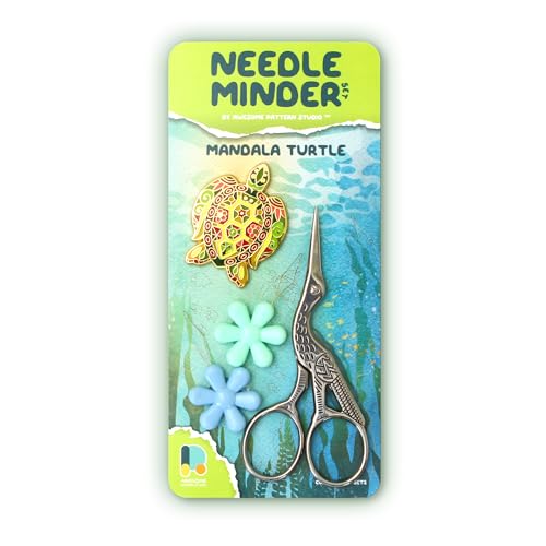 Awesome Pattern Studio Needle Minder Set - Mandala Turtle Magnetic Needle Minder + 2 Needle Threaders + Crane Scissors. Enamel Pin for Cross Stitch, Embroidery and Craft - size: Turtle Set #2