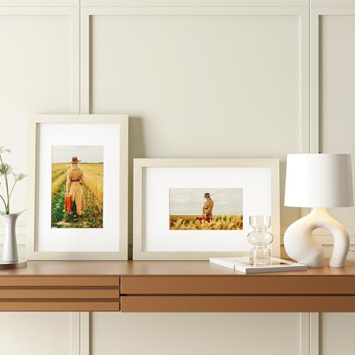 Egofine 8x12 Picture Frame Made of Solid Wood with Plexiglass, Display Pictures 5x7/6x8 with Mat or 8x12 Without Mat for Tabletop and Wall Mounting, Beige - color: Beige, size: 8x12