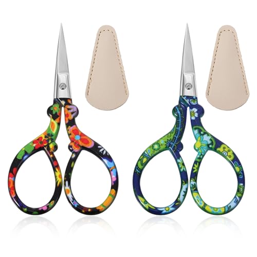 Xinjoduz 2 PCS Small Craft Scissors, 3.62" Sharp Embroidery and Crafting Scissors with Leather Cover, Stainless Steel Stork Shaped Crochet Sewing Scissor for Needlework and DIY Crafts, Black Flower