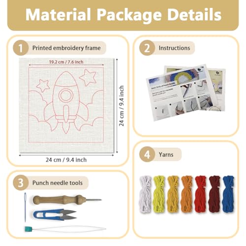 Doodlream Cartoon Rocket Needle Kit for Beginner, 9.4"x 9.4" Space Flame Punch Stitching Craft Set, Color DIY Embroidery Starter with Printed Frame, Instruction, Threader, Yarn, Pinch Needle - color: Rocket