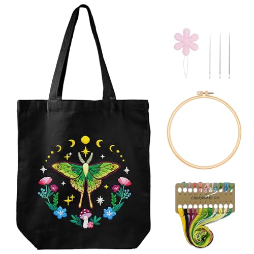 Nuberlic Embroidery Tote Bag Kit for Beginners with Moth Pattern - color: color1
