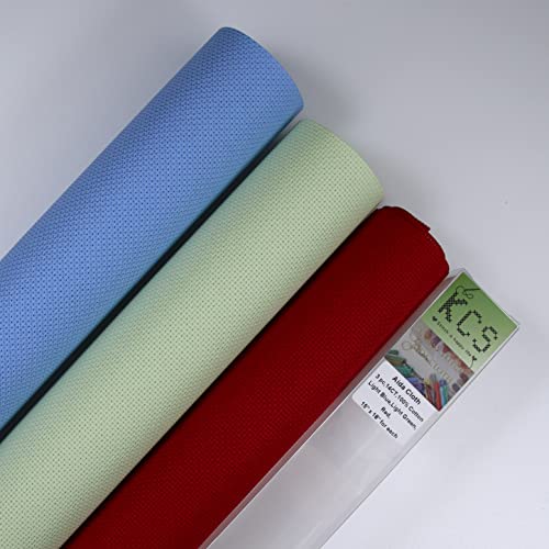 KCS 3 pc of 15" x 18" Counted Cross Stitch Cotton Aida Cloth Needlework Fabric,14CT,Light Blue+Light Green+Red - color: Light Blue+light Green+red, size: 14CT