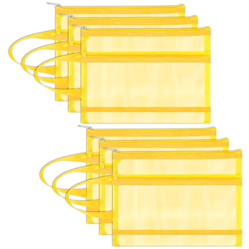 6 Pack Mesh Zipper Pouch Bags, Double Layer Nylon Pouch with Handle for Office Travel Organization (Yellow, A5) - color: Yellow, size: A5