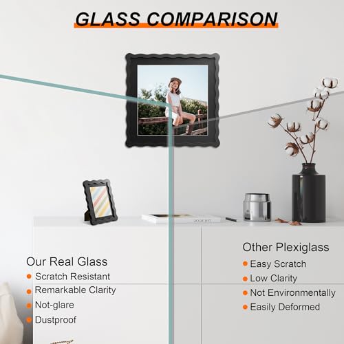 8x8 Picture Frame with Mat for 6x6, Wavy Edge Wooden Real Glass Photo Frame for Tabletop and Wall Hanging, Black, 1 Pack - color: Black, size: 8x8 in