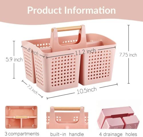 Portable Shower Caddy Basket with 3 Compartments and Handle, Pink - color: Pink