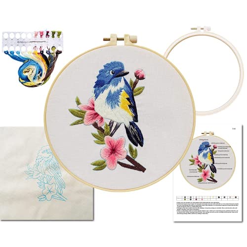Yutaohui 3 Sets Birds Embroidery Kit with 1 Embroidery Hoop, Birds, Bee, Flower Embroidery Kits for Beginners, Bird Embroidery Kit for Adults, Starter. - color: red flowers