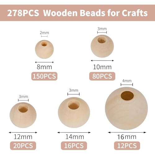 280pcs Wooden Beads for Crafts 5 Sizes Unfinished Wood Bead Bulk 8mm, 10mm, 12mm, 14mm, 16mm Beads for Craft Making Decorations DIY Jewelry Making, Macrame, Bracelets