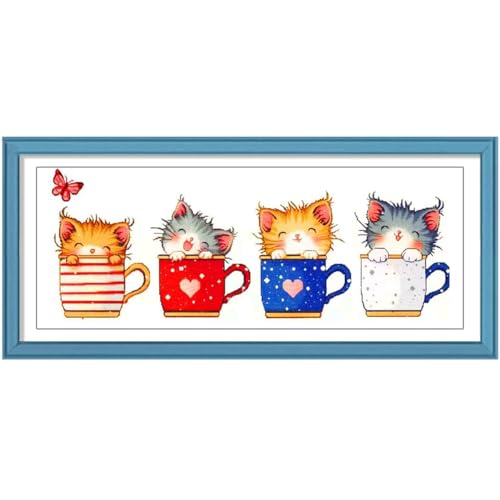 Zhenqing Teacup Cats Stamped Cross Stitch Kit - 11CT 17x37cm 4 Cats in Cups Design, Pre-Printed Colorful Pattern for Beginners (66963) - color: Teacup Cats