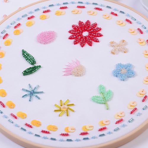 Harimau Bead Embroidery Starter Kit for Beginners (3 Sets) – Basic Flower Stitches, Includes Embroidery Hoop, Diagrams & Step-by-Step Video Tutorials – Gift for Craft Lovers - color: Red