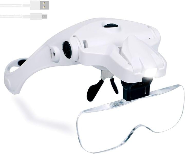 Hands Free Headband Magnifying Glass, USB Charging Head Magnifier with LED Light Jewelry Craft Watch Hobby 5 Lenses 1.0X 1.5X 2.0X 2.5X 3.5X (Upgraded Version) - color: White Head Magnifying Glass