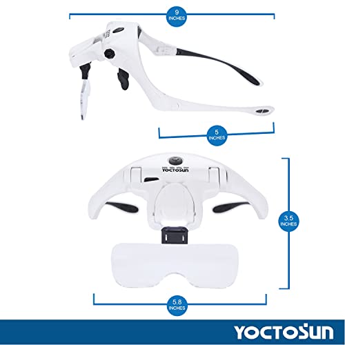 YOCTOSUN Magnifying Glasses with 4 LED Lights, Headband Magnifier with 5 Detachable Lenses 1X, 1.5X, 2X, 2.5X 3.5X -Rechargeable Hands Free Lighted Head Magnifier Glass for Crafts, Cross Stitch, Hobby - color: White