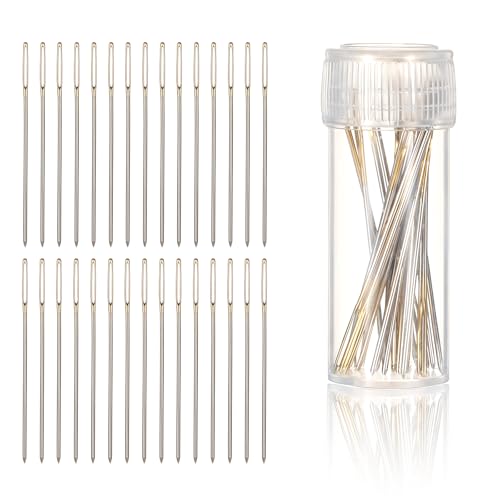 30 Pcs Embroidery Needles Cross Stitch Needles Stainless Steel Counted Cross Stitch Large Eye Embroidery Hand Sewing Needle Golden Color with Box for Sewing Size 24 (1.4inch)