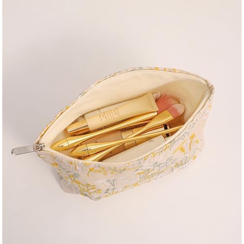 RANIT Chic Plant Embroidery Canvas Cosmetic Bag - Ramie Linen Handheld Travel Toiletry Organizer (Beige, Large) - color: Beige, size: Large