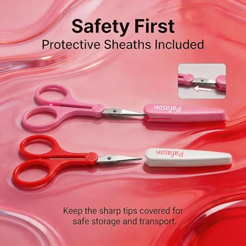 PAFASON Small Travel Sewing Crafting Scissors Set Straight Curved Tip - color: Curved 3.5in Red + Straight 4in Pink