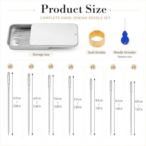35 PCS Stainless Steel Sewing Needles Set, Large Eye Sharp Hand Sewing Needles in 7 Sizes, Leather Sewing Needles with 2 Needle Threaders and Metal Storage Case for Sewing, Craft and Embroidery