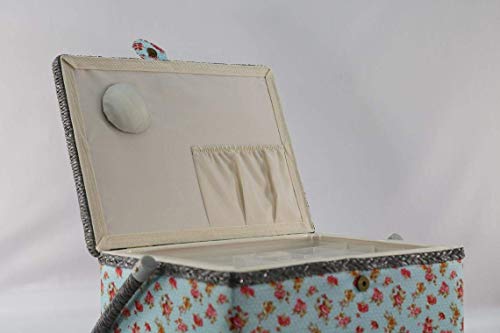 Sewing Basket with Blue Pink Rose Floral Design - Sewing Kit Storage Box with Removable Tray, Built-in Pin Cushion and Interior Pocket - by Adolfo Design - color: Blue Rose, size: Large - 12" x 9" x 6"