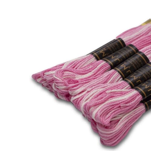 Pack of 12 Premium Embroidery Thread | 100% Egyptian Cotton Premium Skeins | Cross Stitch Embroidery Floss | Oeko TEX Certified | Ideal for Arts & Crafts (Light Pink Variegated 1201) - color: Light Pink Variegated 1201