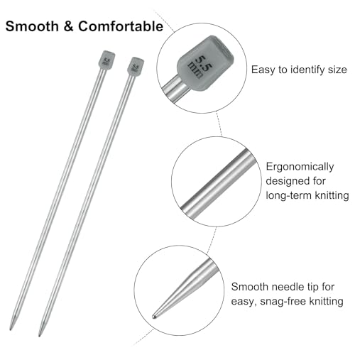 uxcell 2Pcs 5.5mm(I) Single Pointed Knitting Needles Stainless Steel 9.84 Inches Length Metal Weaving Tool for Handmade Projects DIY Knitting - size: 5.5mm, 9.84"