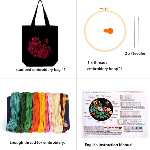 Canvas Tote Bag Embroidery Kit, Beginner Embroidery Kit for Adults, Hand Embroidery Starter kit with Floral Pattern, Arts and DIY Crafts Embroidery Kits , Cross Stitch Kit with Embroidery Bag and Tool - color: Black Yellow