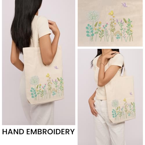 CREAWONDER Canvas Tote Bag Embroidery Kit with Pattern for Beginners, Arts and DIY Embroidery Crafts Kits for Adults, Include Instructions, Embroidery Hoops, Color Threads and Tool - color: CR002 banmeng white