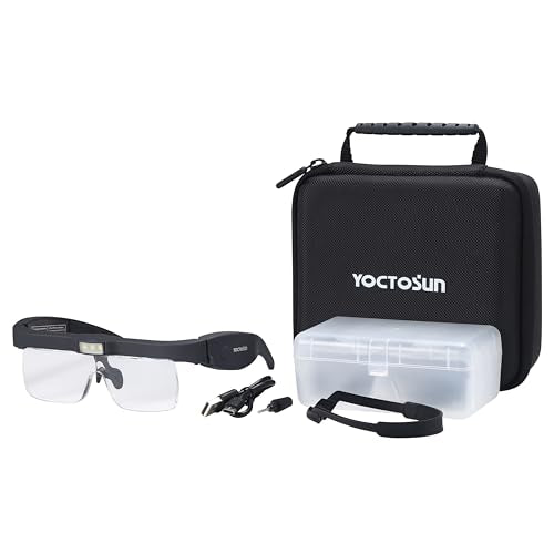YOCTOSUN Magnifying Glass with LED Lights,5 Lenses,Storage Case,Head Strap - color: Black With Storage Case