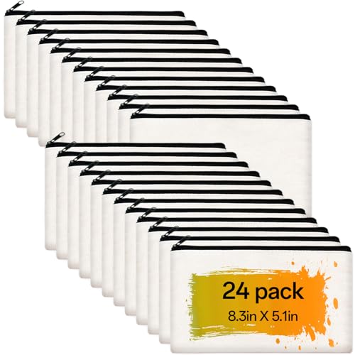 ZeeDix Small Canvas Zipper Pouch for Makeup Pencil Travel Storage 8.3x5 In - color: White, style: 24 Pcs