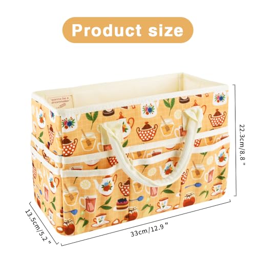 Craft Organizer Tote Bag with Multiple Pockets,Scrapbooking Art Storage - color: Yellow Teapot