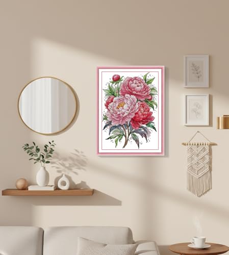 CaptainCrafts Cross Stitch Kits Flowers Counted Unprinted Fabric Cross Stitching DIY Needlecrafts Embroidery Kit for Adults Peony Flowers - color: Peony flowers, style: White
