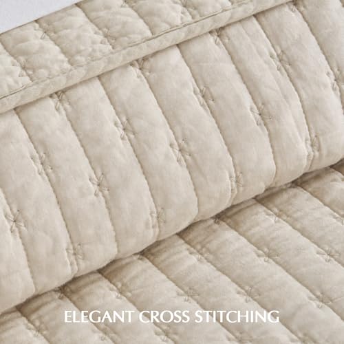 EverGrace 100% Cotton Cross Stitch 3-Piece Quilt Set, 118"x106", Flax Beige - color: Flax Beige, size: OVERSIZED CAL KING (118" x 106")