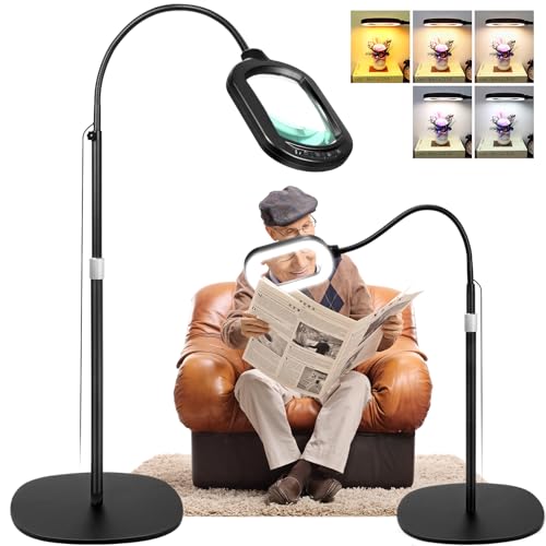 Large Magnifying Glass with Light and Stand, 15X Rectangle Optical Real Glass Lens, Height Adjustable Gooseneck Magnifier Floor Lamp, 5 Color Modes LED Dimmable Lighted Hands Free for Close Work Craft - color: Black
