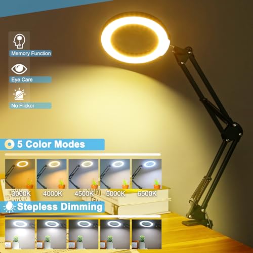 Coyeth 10X Magnifying Glass with Light and Clamp, Real Glass Stand Lighted Magnifier, 5 Color Modes Stepless Dimmable LED Desk Lamp Hands Free for Crafts Hobby Reading Painting Sewing Close Work - color: Black, size: 10X-Regular Arm
