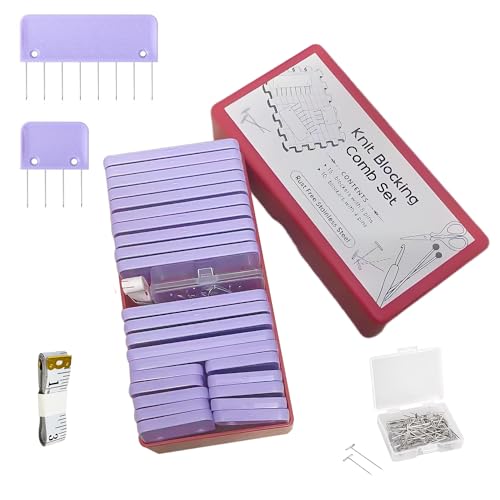 Knit Blockers Pins Kit, 25Pcs Knit Blocking Combs & 30 T-pins for Knitting Blocking Board Mats, Crochet Knitting Pins for Crochet Projects Sewing Lace Needlework Projects Tool (Purple) - color: Purple