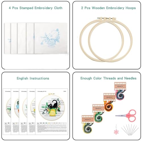 Mozzyyee 4pcs Cat Embroidery Kits for Beginners, DIY Adult Beginner Embroidery Sets with Instructions, 2 Plastic Embroidery Hoops,Scissor, Threads and Needles (Black Cats) - color: Black Cats