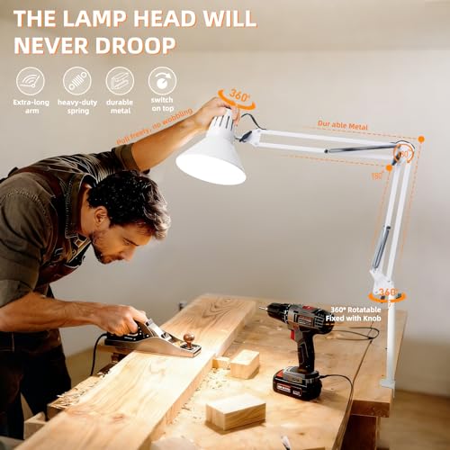 White Desk Lamp with Clamp, Extra-Tall Adjustable Metal Swing Arm, 5000K - color: White, size: 5000K Natural Daylight-Extra Long Swing Arm