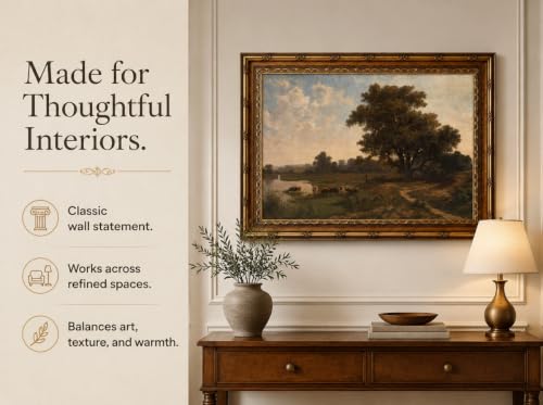 Vintage Gold Framed Landscape Wll ArtRetro Rustic Countryside Wall Decor Classic Rural River Scene Painting Picture Ldyllic Pastoral Scenic Nature Canvas Artwork for Living Room Bedroom Home Decor - color: Riverside scenery, size: 11"L x 9"W