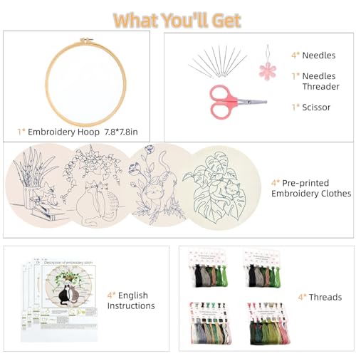 Mozzyyee 4pcs Cat Embroidery Kits for Beginners, DIY Adult Beginner Embroidery Sets with Instructions, 2 Plastic Embroidery Hoops,Scissor, Threads and Needles (Grey Cats) - color: Grey Cats
