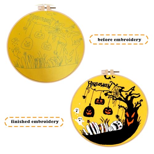 Topapfo Halloween Embroidery Kit with Tutorial, Beginners Adults Embroidery Pattern with Instruction Hoop Threads Needles - color: halloween