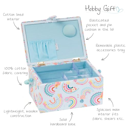 Hobby Gift Medium Sewing Box Organiser, Fabric Covered Storage Box with Handle, Internal Tray, Pin Cushion and Pocket for Sewing, Quilting and Knitting Supplies - color: Rainbow