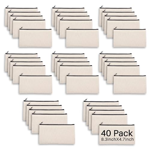 40pcs Blank canvas Zipper Pouch Makeup Bags Bulk, Smooth Zipper Pencil Case - color: Beige, size: 8.3x4.7