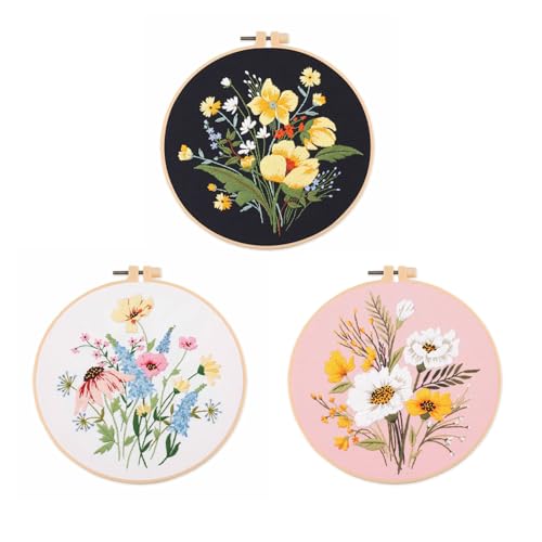Silentsea 3 Embroidery Kits-Beginner Collection, Includes All Needed 3 Plastic Hoops, 3 Embroidery Fabrics with Patterns, Threads, Needles, and More. - color: multicolor-1