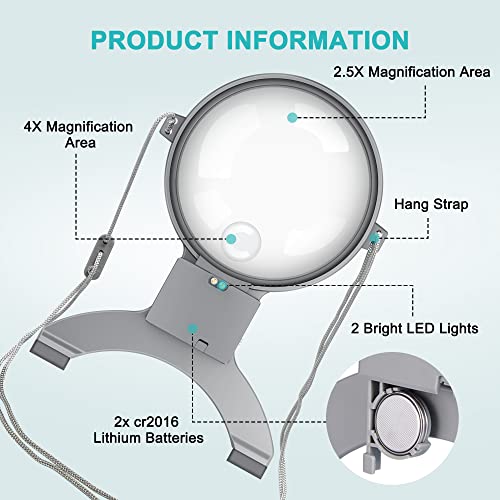 Hands Free Chest Rest LED Magnifier - Neck Wear Visual Aid Illuminated Magnifying Glass for Low Vision & Visually Impaired Seniors - Portable - Gifts for Mom, Dad, Grandmother, Women, Men
