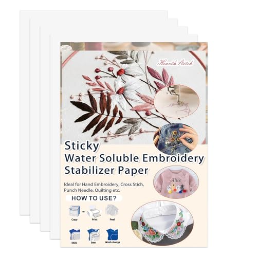 Creztail Sticky Water Soluble Embroidery Stabilizer Paper, 4PCS 8.5"x11" Printable Embroidery Transfer Paper, Stick and Stitch Wash Away Stabilizer, Medium Weight for Hand and Machine Embroidery - size: 4pcs